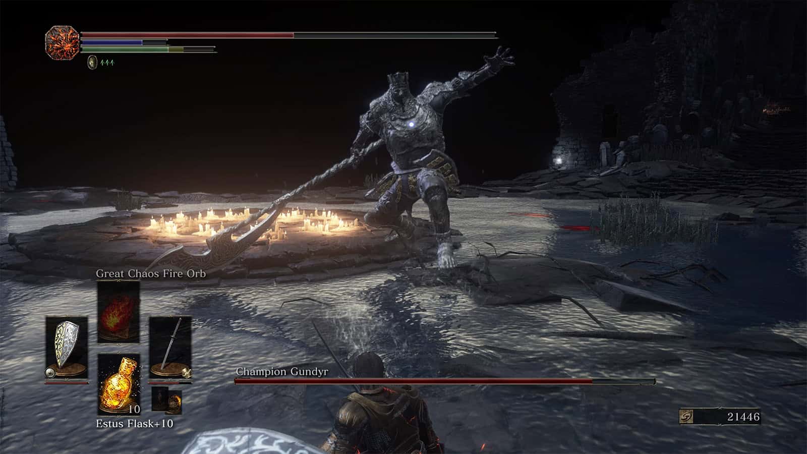 A screenshot of Champion Gundyr from my Dark Souls 3 game.