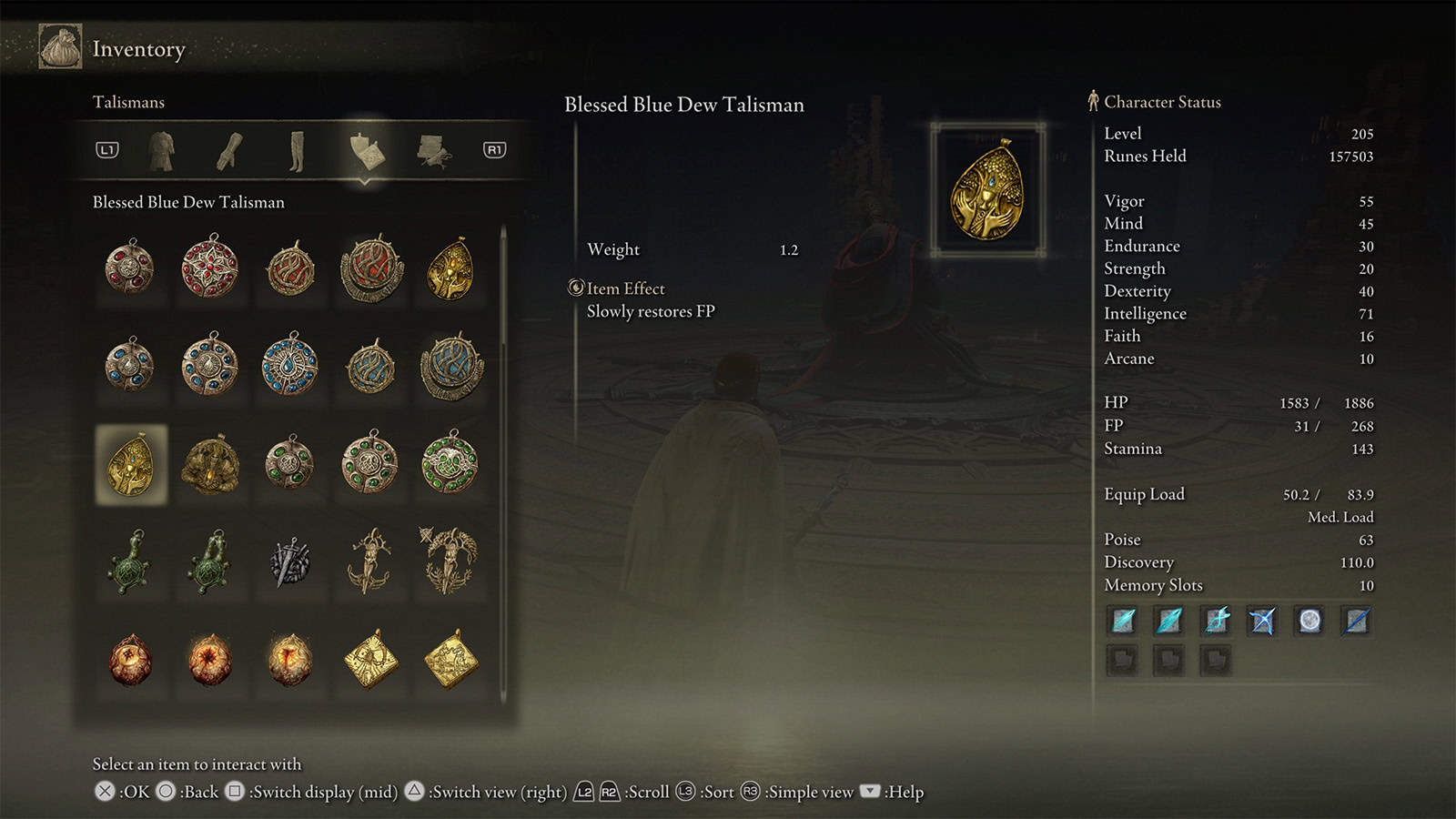 A screenshot of the Blessed Blue Dew Talisman in Elden Ring
