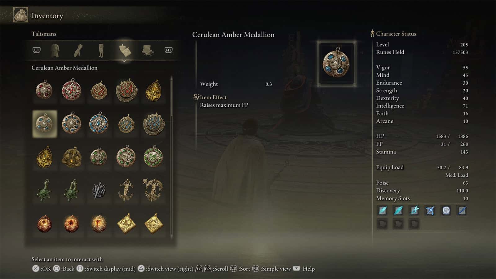 A screenshot of the Cerulean Amber Medallion Talisman in Elden Ring