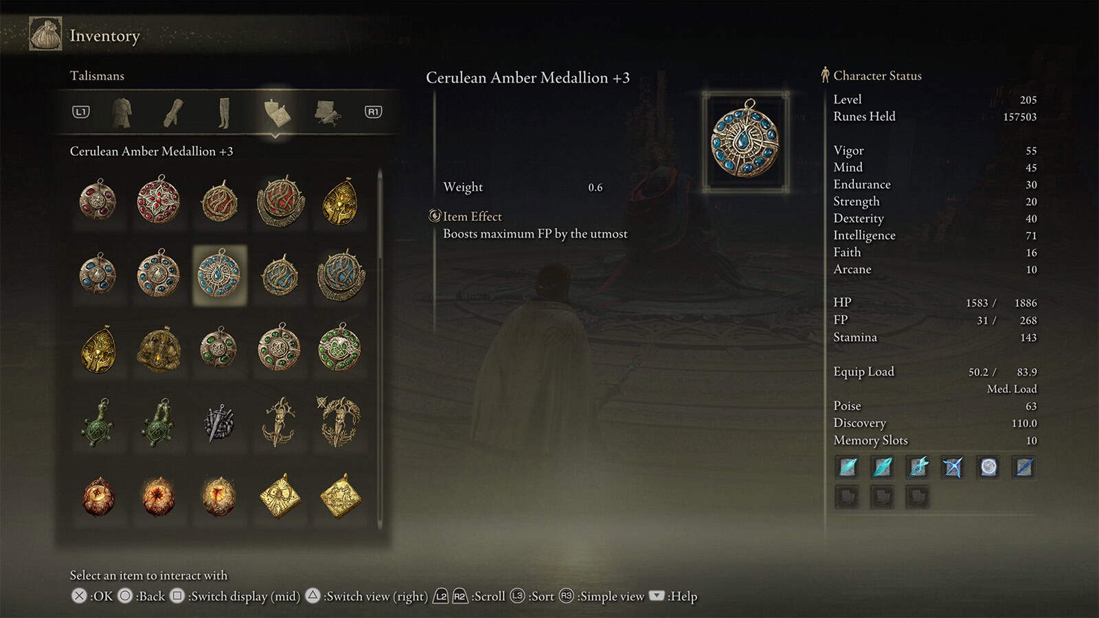 A screenshot of the Cerulean Amber Medallion +3 Talisman in Elden Ring