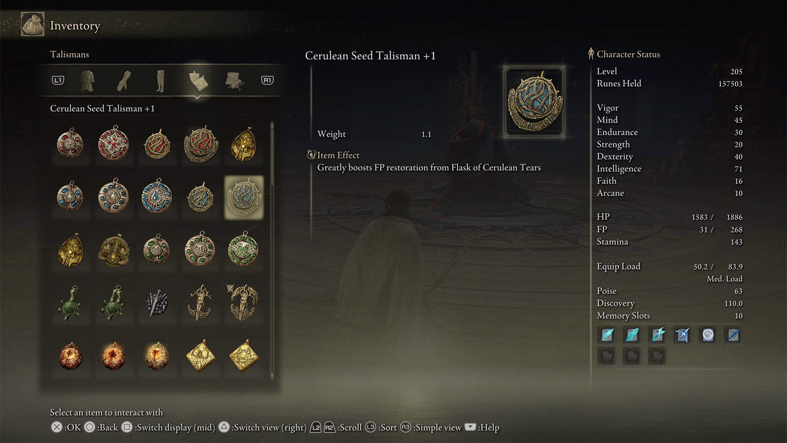 A screenshot of the Cerulean Seed +1 Talisman in Elden Ring