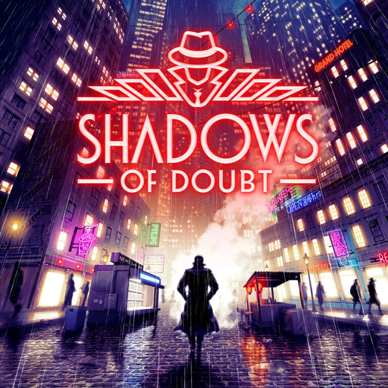 The official artwork for detective sim Shadows Of Doubt, showing the playable detective walking through a gloomy city.