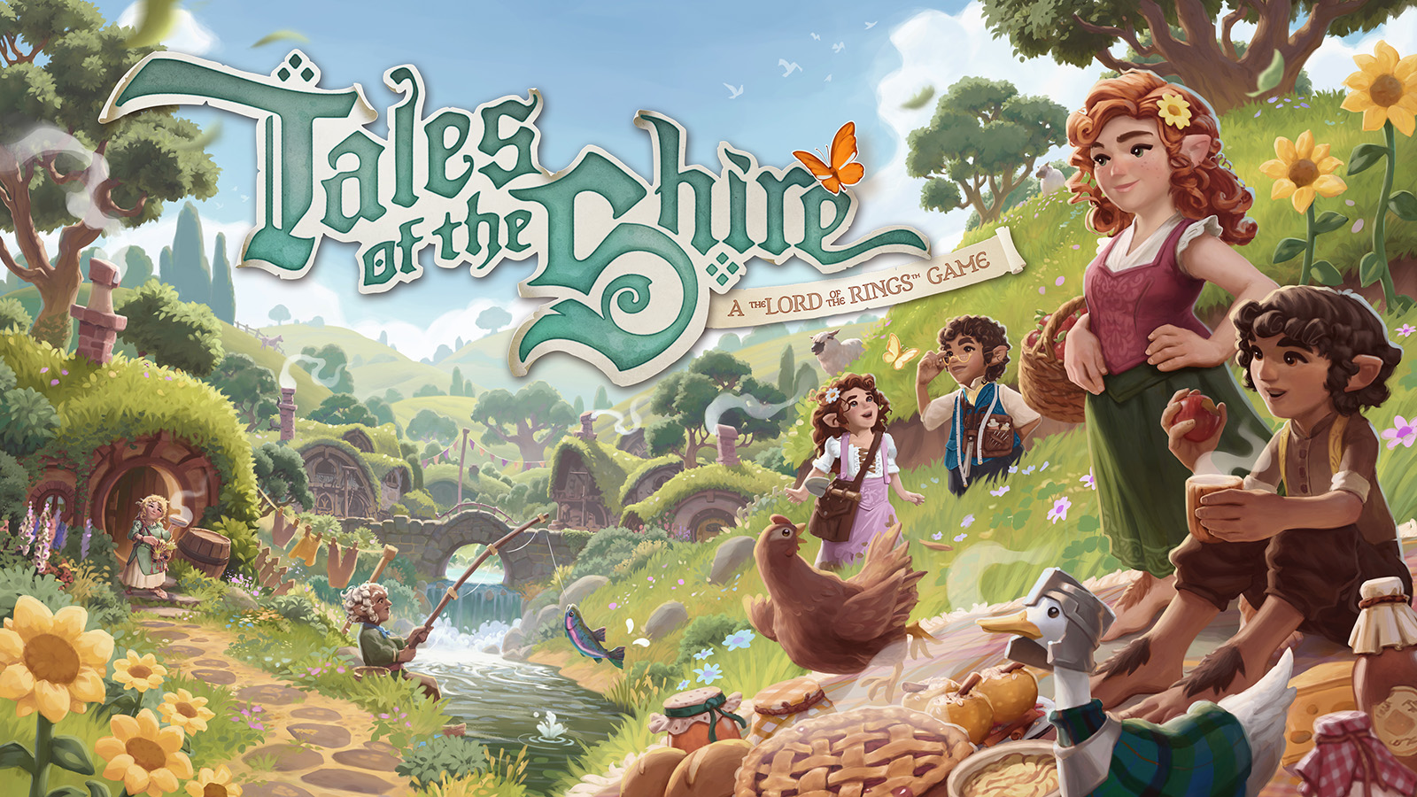 The key art for Tales Of The Shire showing a farm and several Hobbits