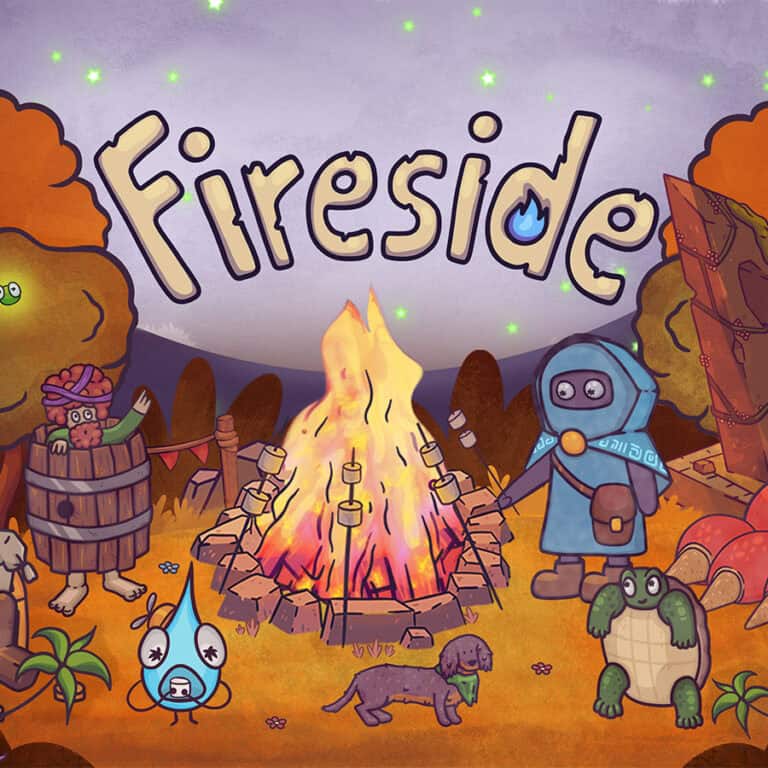 The primary artwork for Fireside, showing several characters huddled around a campfire