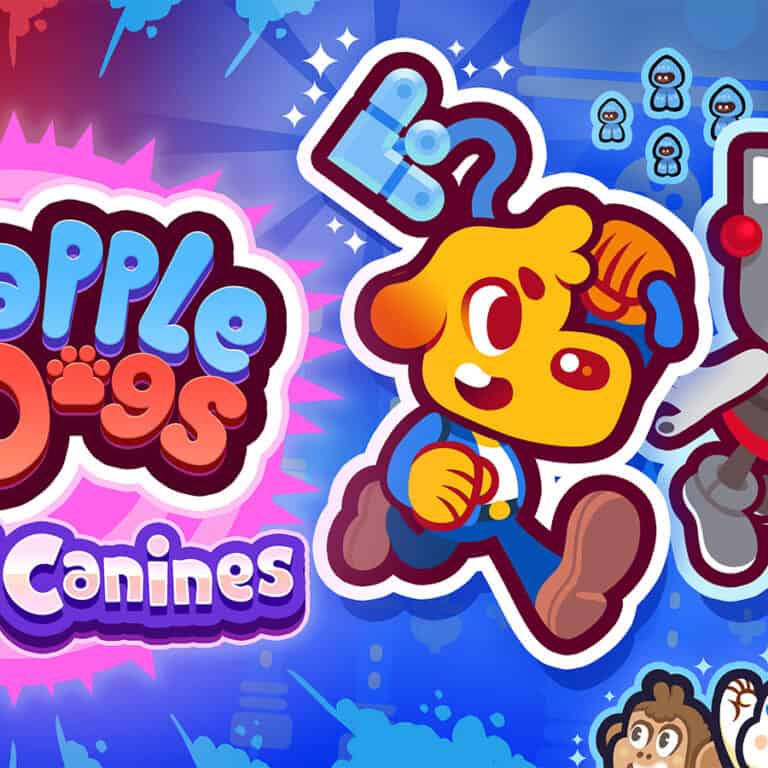 The artwork for Grapple Dogs: Cosmic Canines, showing dogs Luna and Pablo.