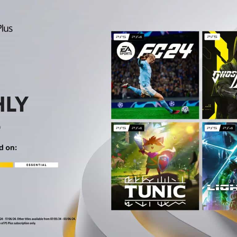 An image showcasing May 2024's PS+ games of EA Sports FC 24, Ghostrunner 2, Tunic, and Destiny 2: Lightfall