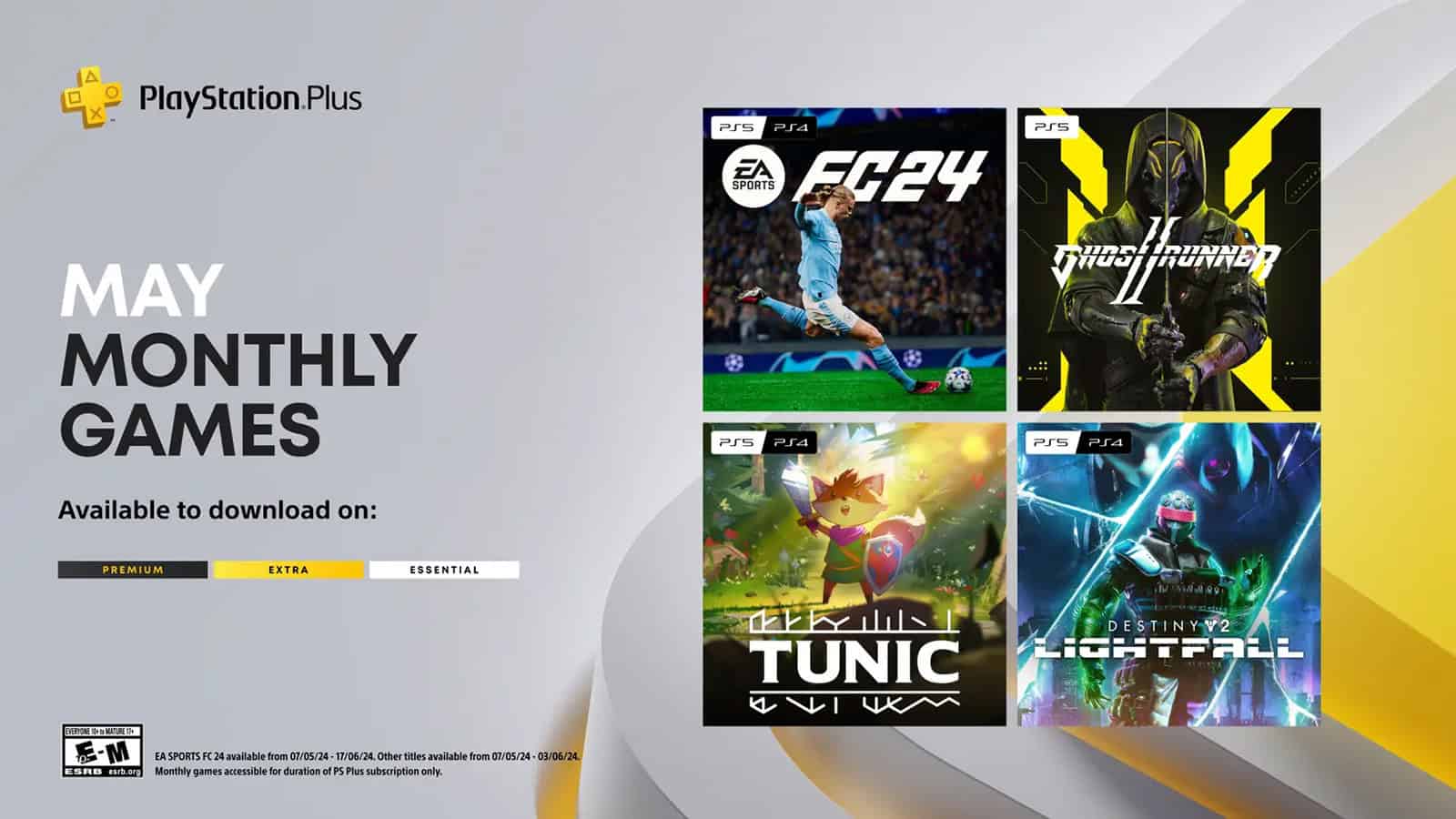 An image showcasing May 2024's PS+ games of EA Sports FC 24, Ghostrunner 2, Tunic, and Destiny 2: Lightfall
