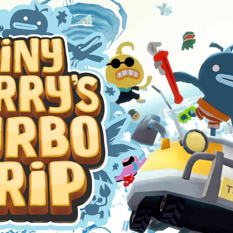 The artwork for Tiny Terry's Turbo Trip, showcasing Terry riding a car and some of the residents of Sprankelwater.