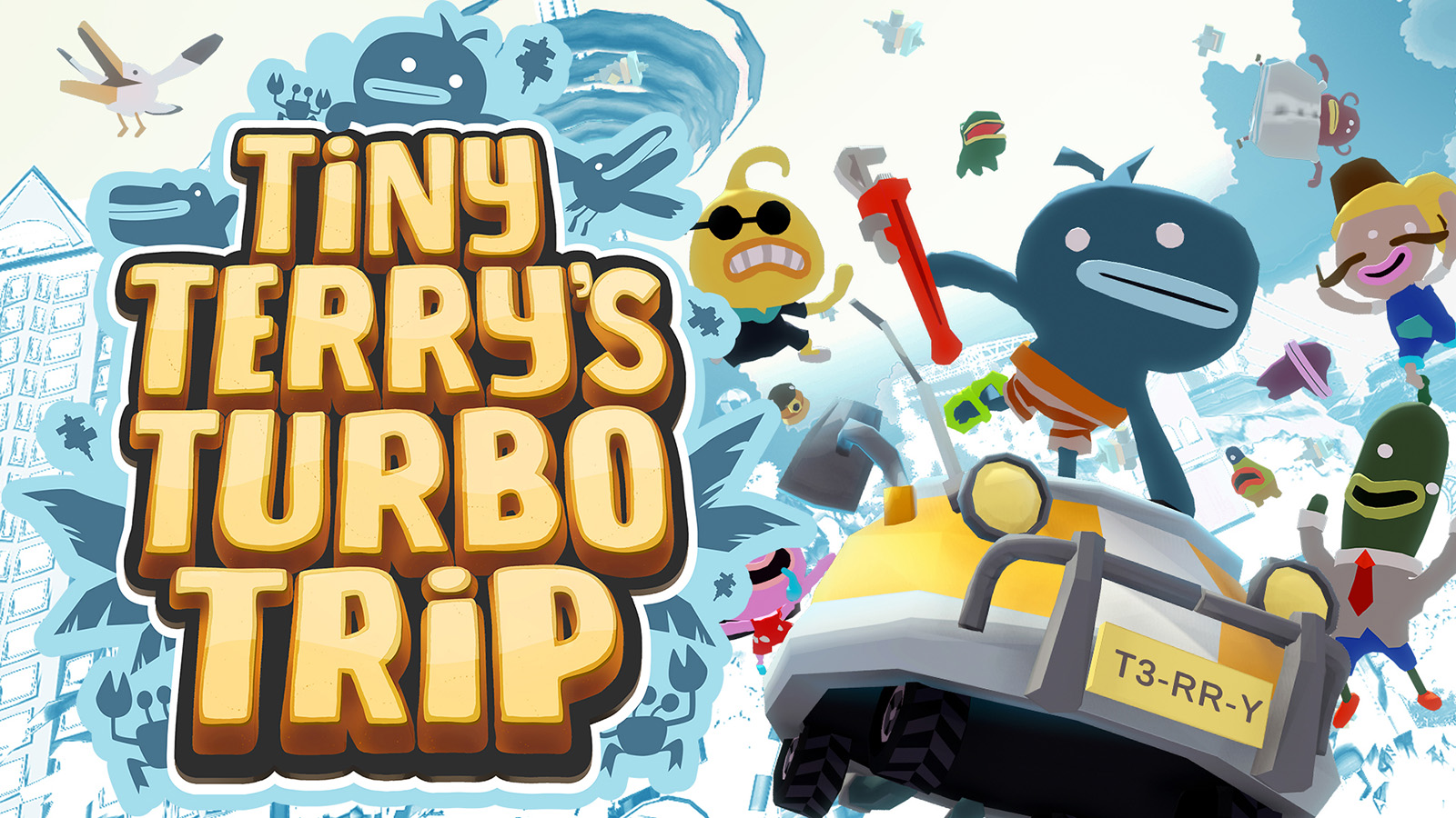 The artwork for Tiny Terry's Turbo Trip, showcasing Terry riding a car and some of the residents of Sprankelwater.