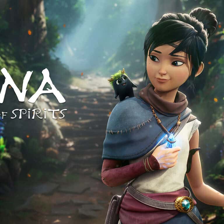 The official art for Kena: Bridge Of Spirits, showing Kena and her rot in a forest.