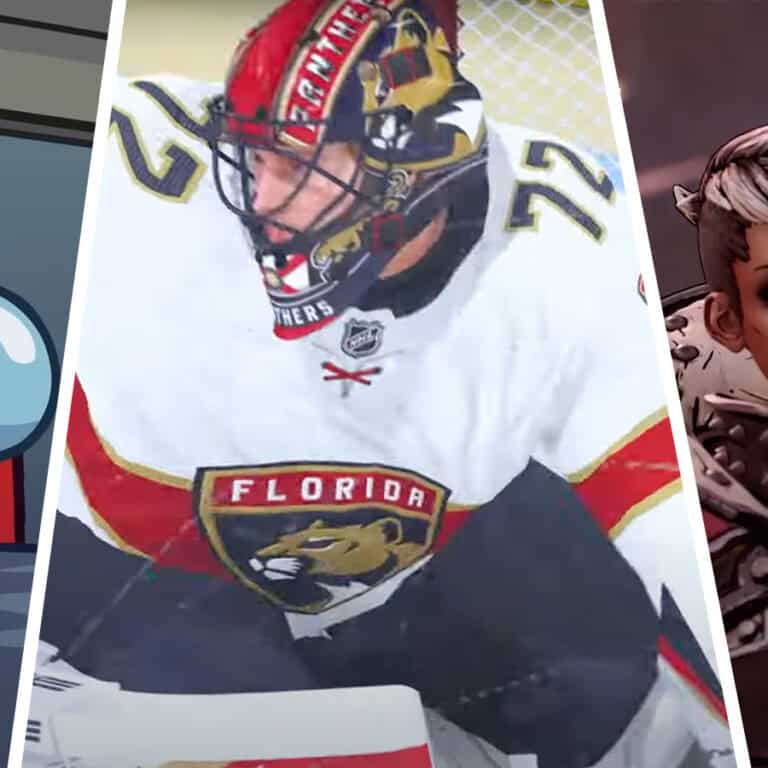 An image featuring screenshots of Among Us, NHL 24, and Borderlands 3 as PS+'s July 2024 games.