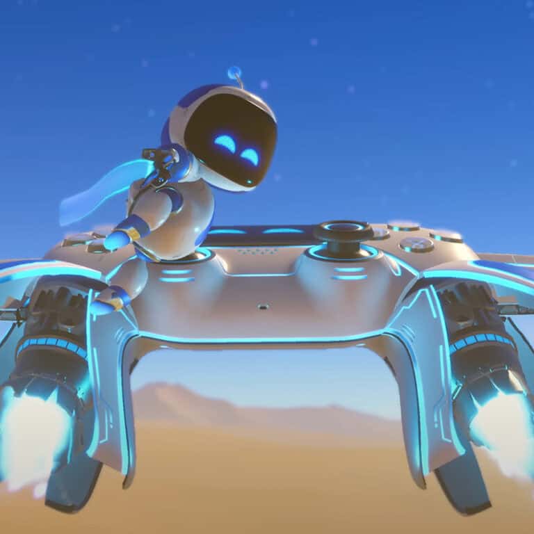 A screenshot from Astro Bot (2024) showing Astro Bot riding the themed white and blue DualSense controller