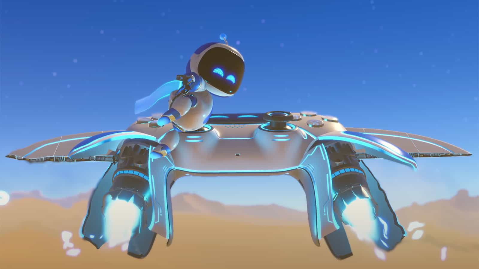 A screenshot from Astro Bot (2024) showing Astro Bot riding the themed white and blue DualSense controller