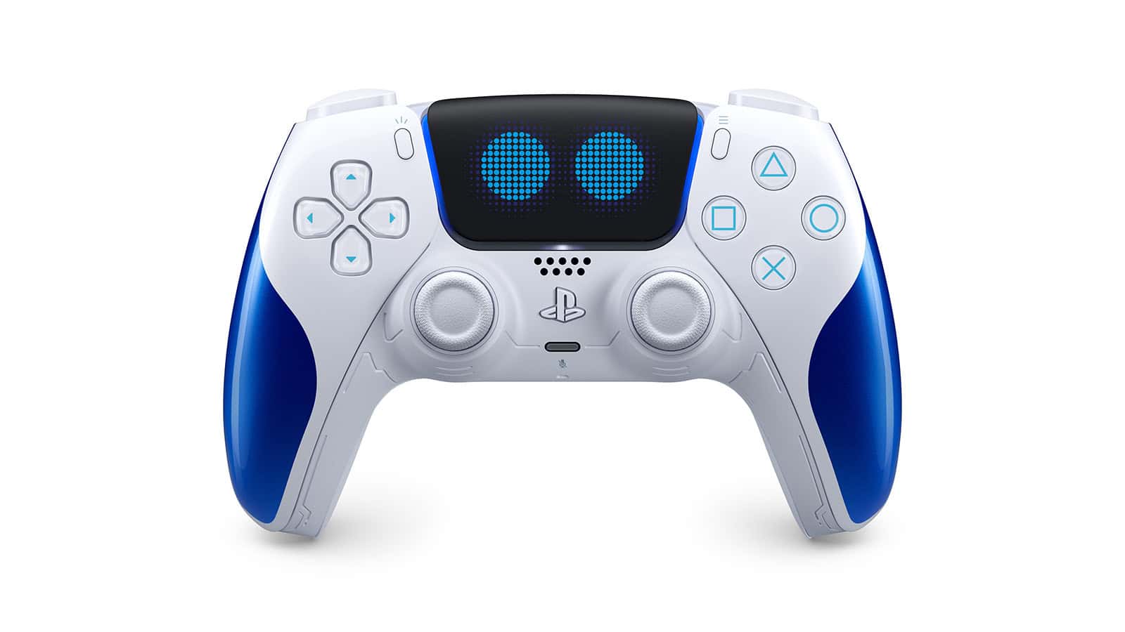 A photo of the blue and white-coloured Astro Bot Limited Edition DualSense controller featuring Astro Bot's bright blue eyes on the touch pad.