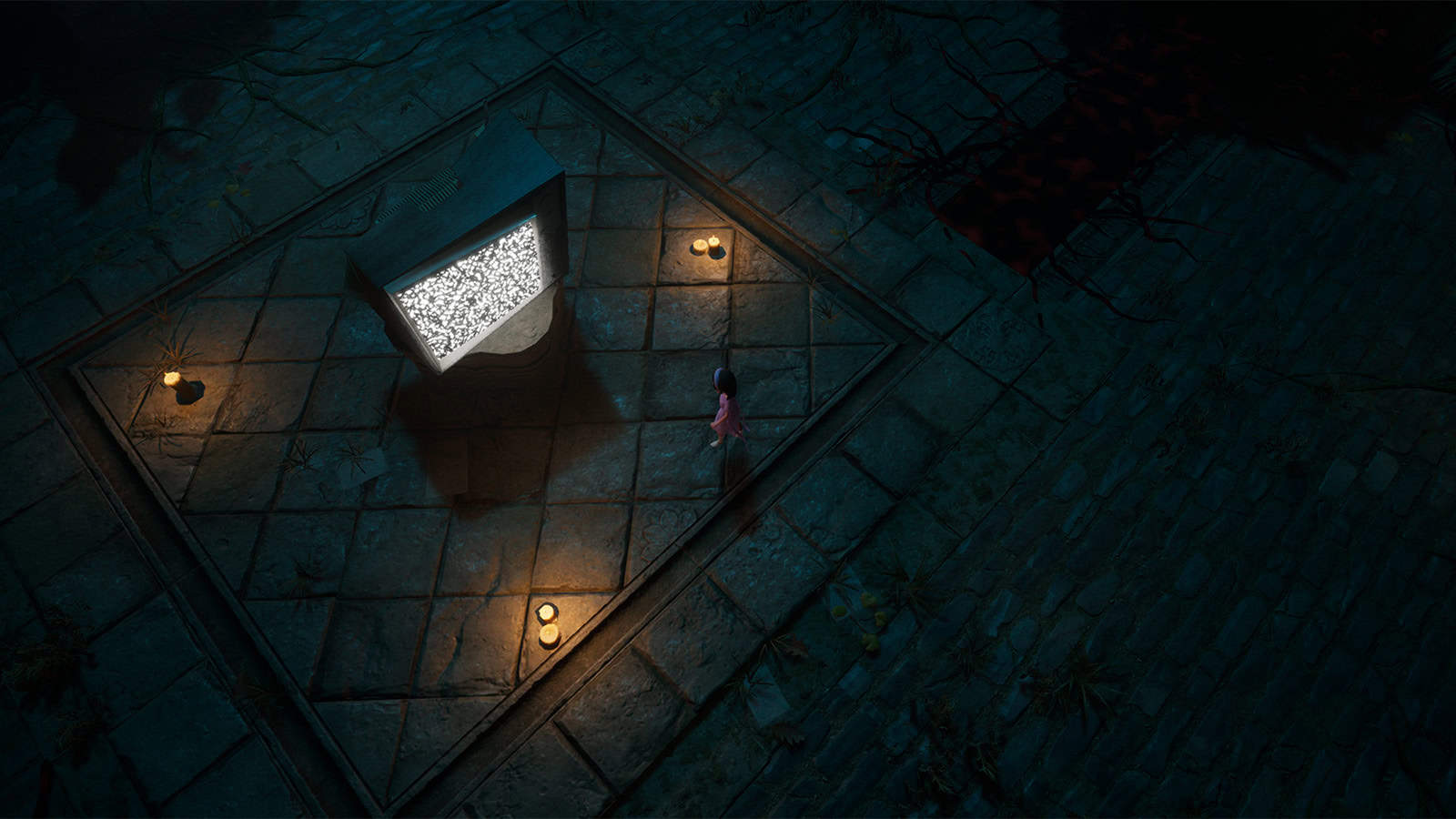 A screenshot from Beyond The Darkness that looks to be taking place in a large courtyard lit by candles