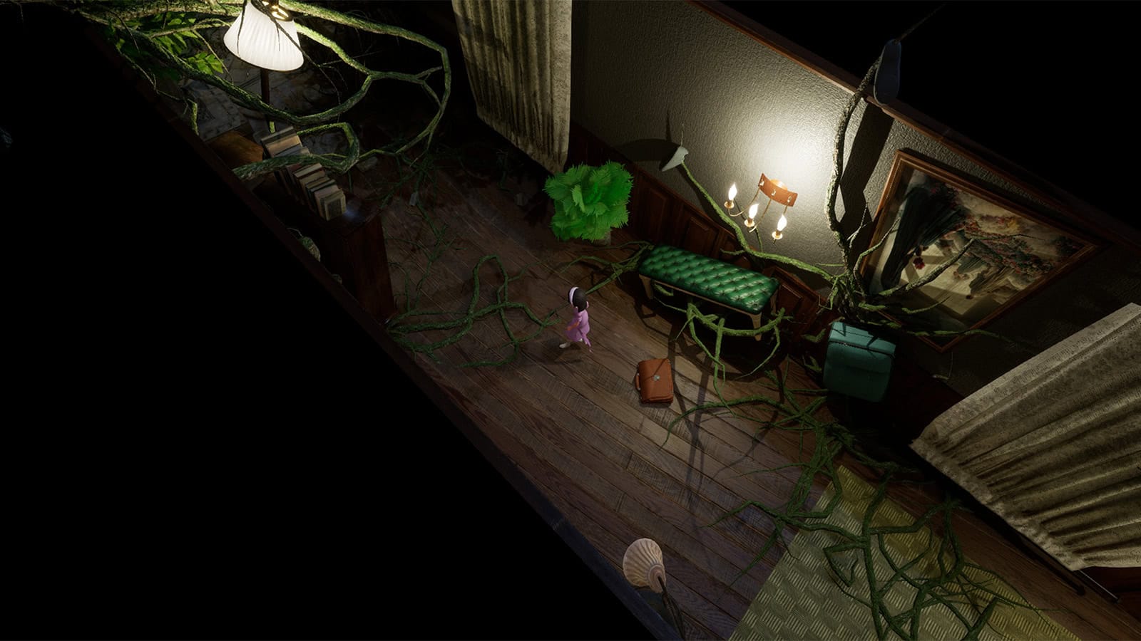 Another screenshot from Beyond The Darkness that is set in a long creepy and messy corridor