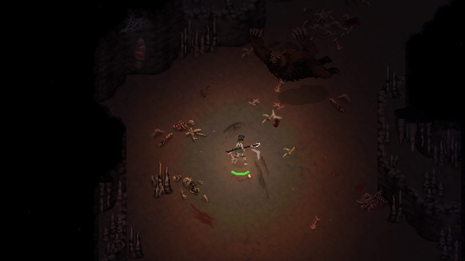 A screenshot of pixel-art RPG Drova - Forsaken Kin again showing the game's brutal open world