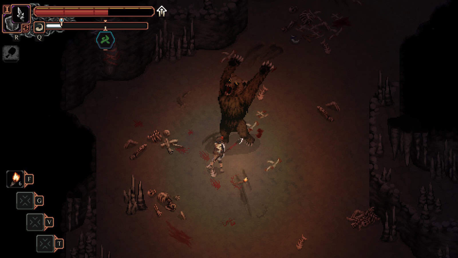 A screenshot of pixel-art RPG Drova - Forsaken Kin showing the player character fighting off a bear