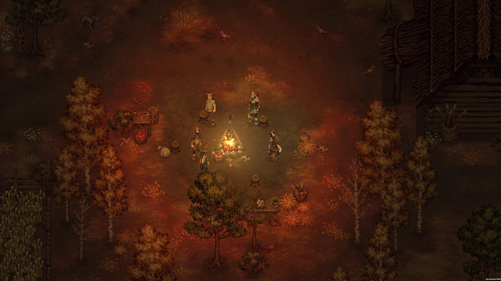 A screenshot of pixel-art RPG Drova - Forsaken Kin showing the player character resting at a bonfire with other NPCs