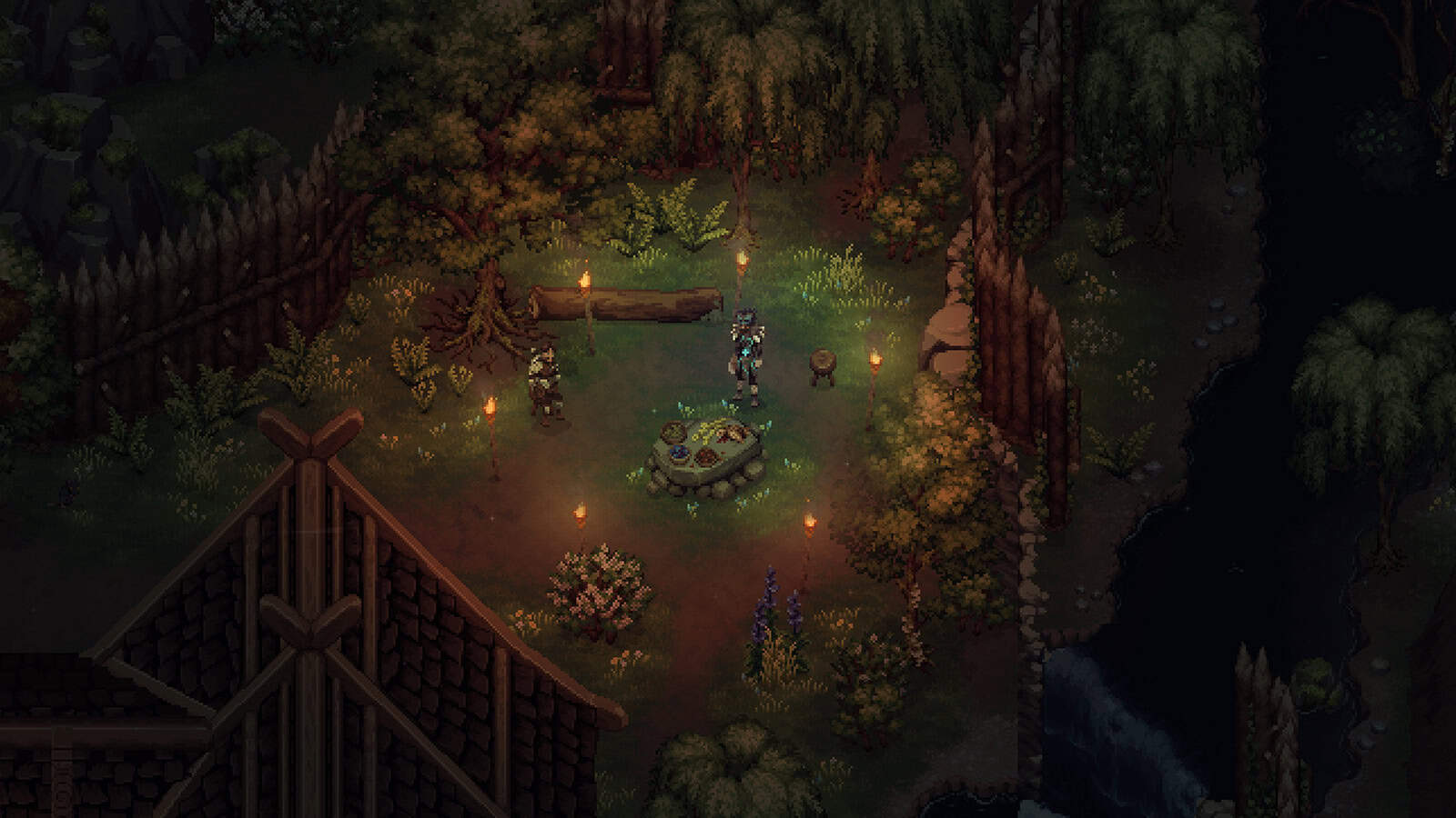 A screenshot of pixel-art RPG Drova - Forsaken Kin showing the top-down view of the game's brutal open world