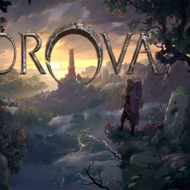 The official artwork for Drova - Forsaken Kin showing the player character in what looks like a lush open world