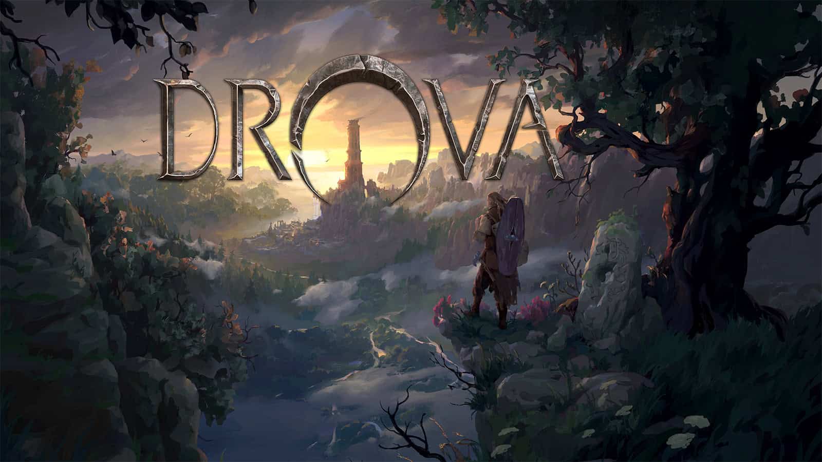 The official artwork for Drova - Forsaken Kin showing the player character in what looks like a lush open world