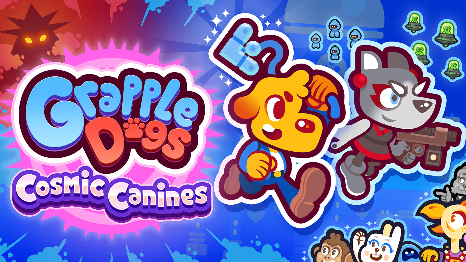 The official artwork for Grapple Dogs: Cosmic Canines, showcasing main characters Luna and Pablo