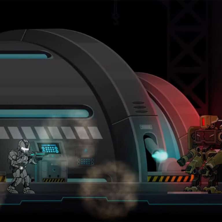 A screenshot of the player character in Omega Warp fighting a mechanoid boss.
