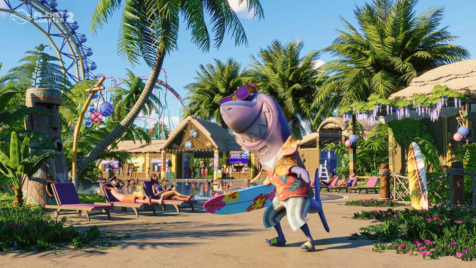 A screenshot of Planet Coaster 2 featuring a shark mascot in a water park