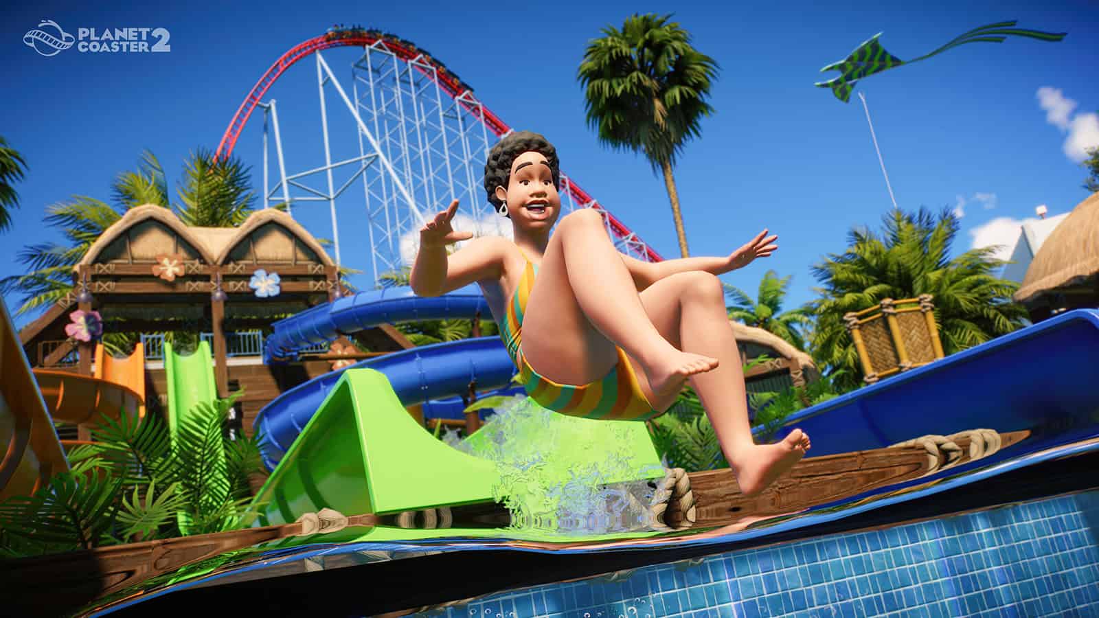 A screenshot of Planet Coaster 2, showing a customer jumping into a pool in a water park