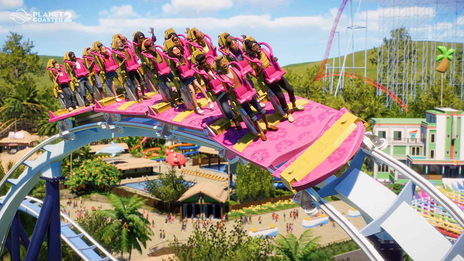 A screenshot of Planet Coaster 2 showcasing a roller coaster in the game