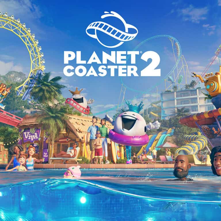 The official artwork for Planet Coaster 2, showing the water park players can create
