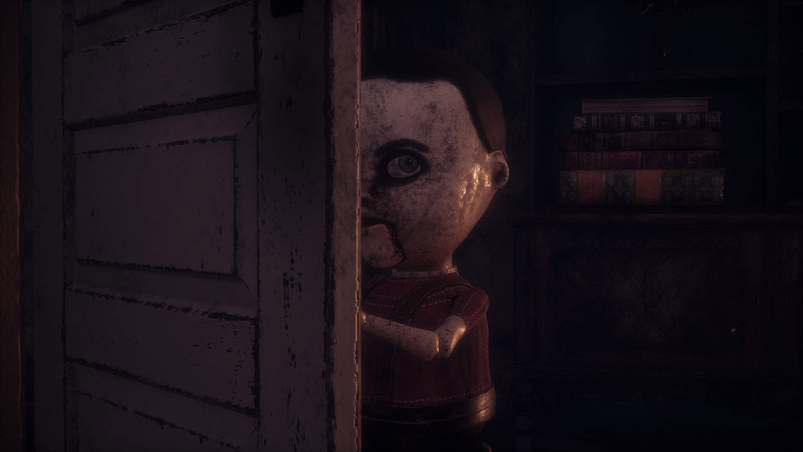 A screenshot of horror game Puppet House showing the main antagonist, a killer puppet