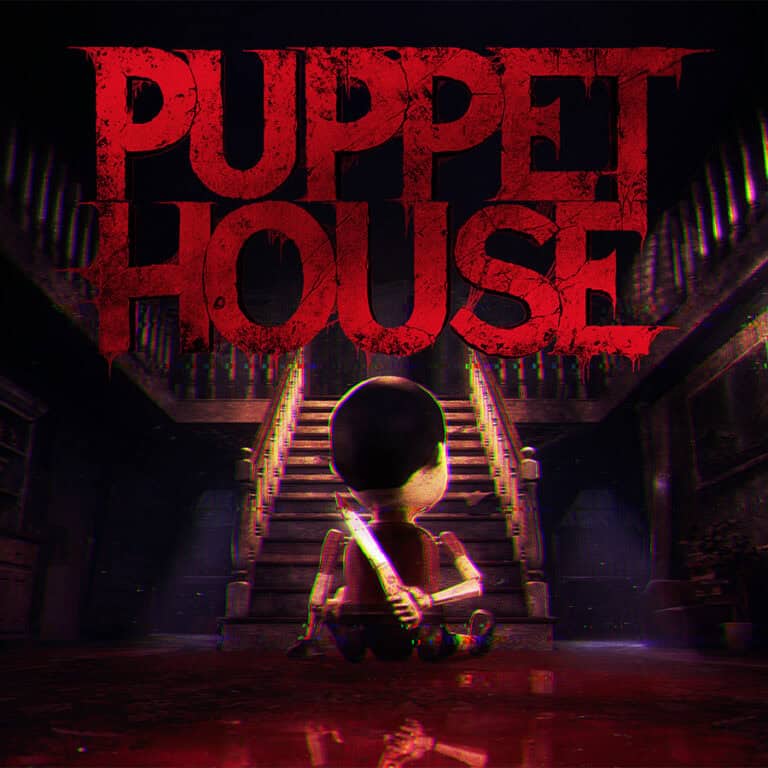 The official art for horror game Puppet House, showing the killer puppet within a haunted house