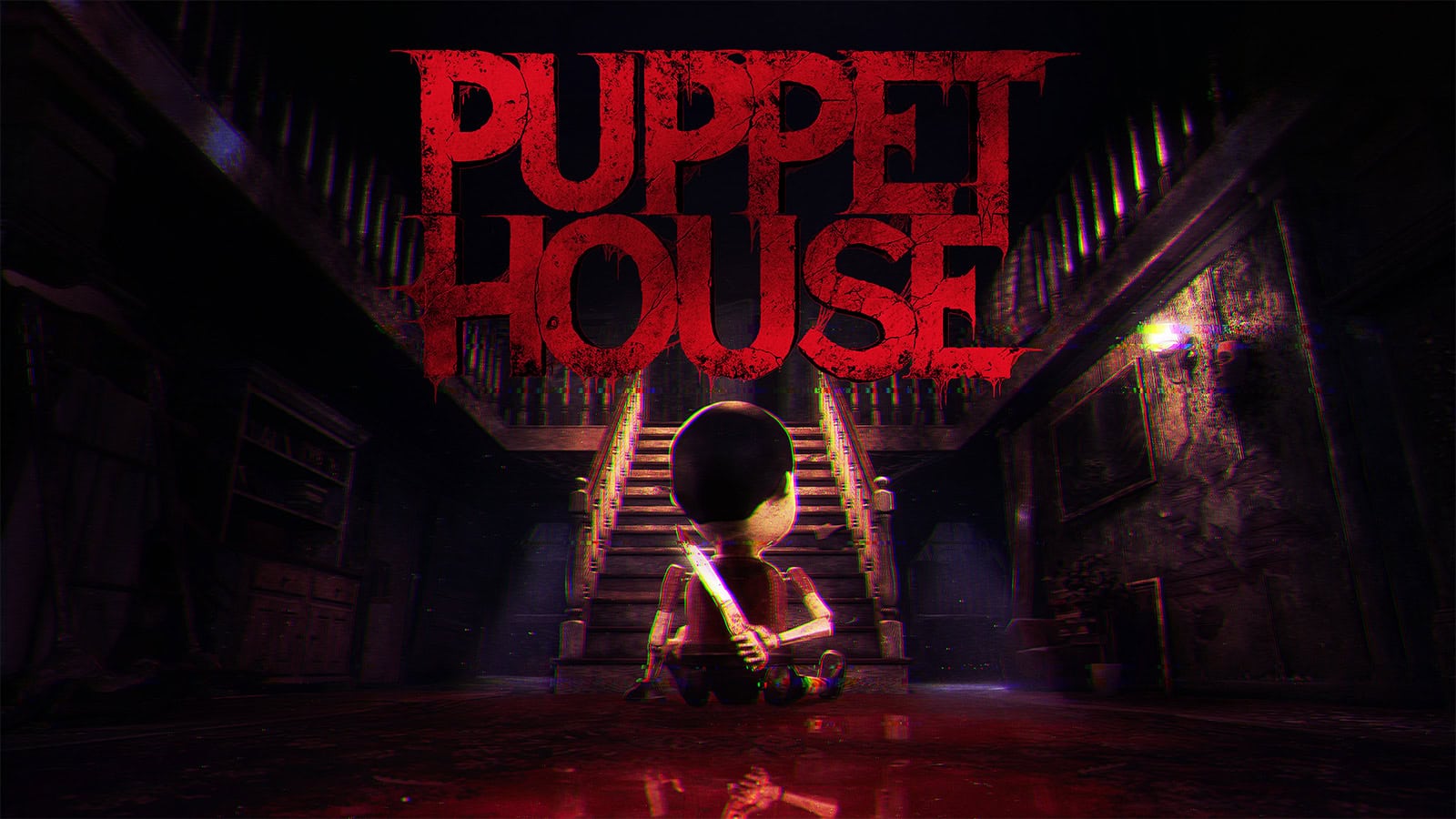 The official art for horror game Puppet House, showing the killer puppet within a haunted house