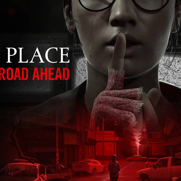 The official art for A Quiet Place: The Road Ahead, showing the playable character and what looks like a post-apocalyptic city.