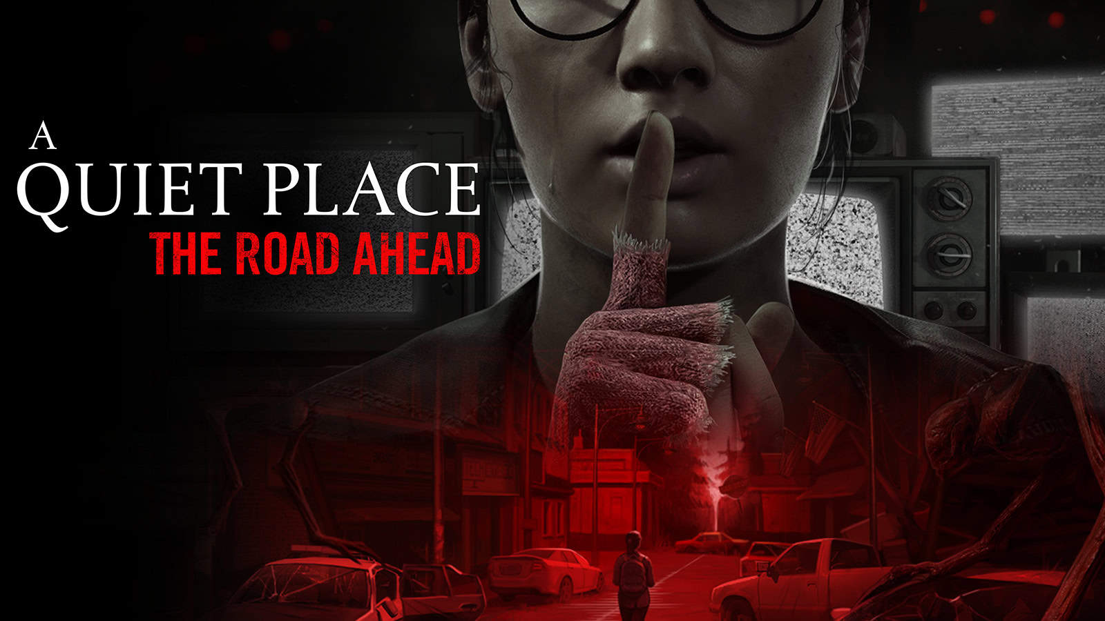 The official art for A Quiet Place: The Road Ahead, showing the playable character and what looks like a post-apocalyptic city.