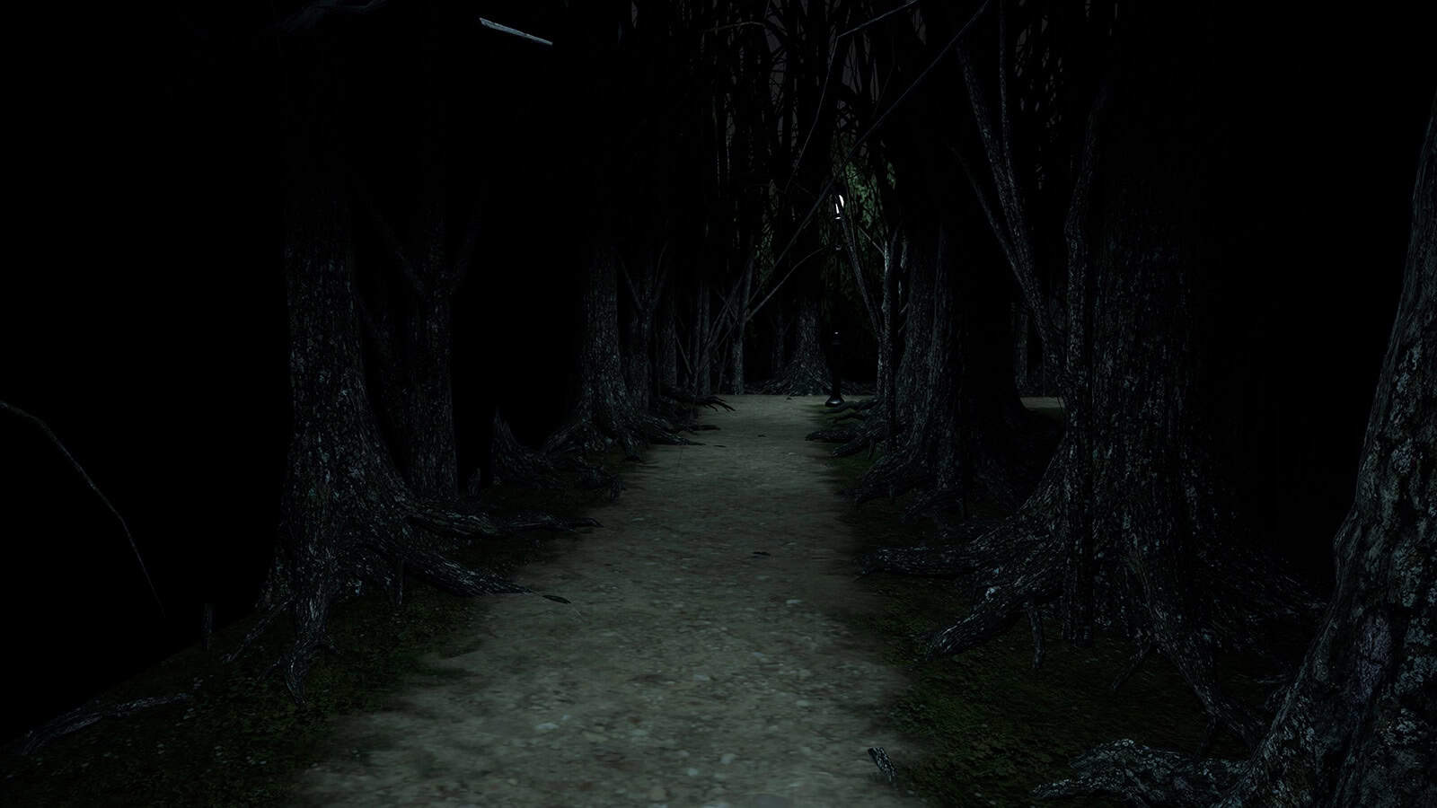 A screenshot of survival horror game Blood Hunting showing a path within a forest.