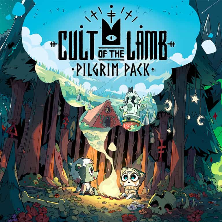 The official artwork for Cult of the Lamb's Pilgrim Pack, featuring characters from the comic.