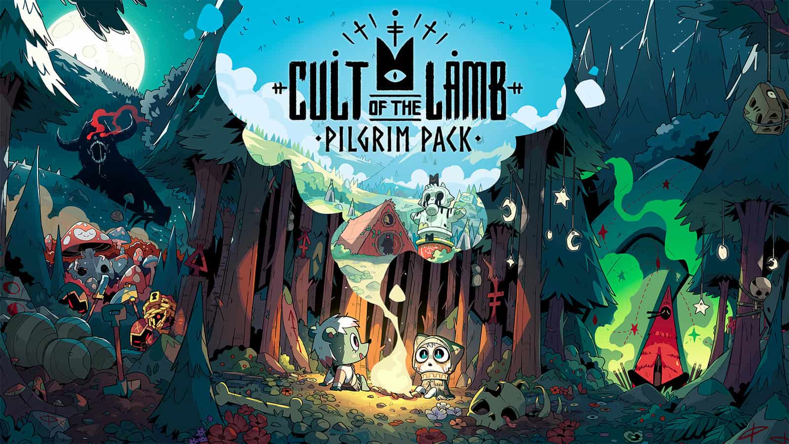 The official artwork for Cult of the Lamb's Pilgrim Pack, featuring characters from the comic.