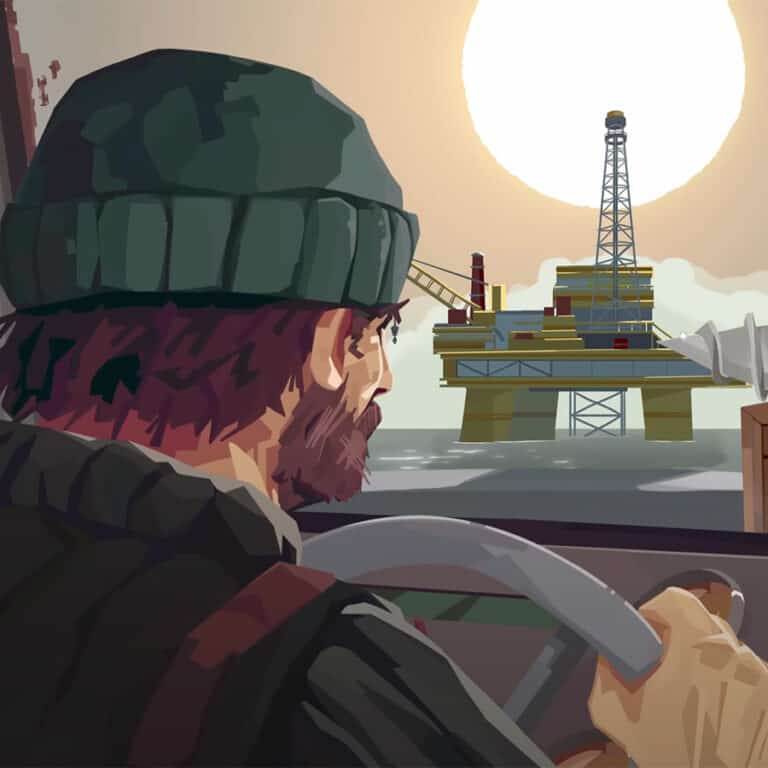 A screenshot of the fisherman from Dredge approaching Ironhaven's Iron Rig.