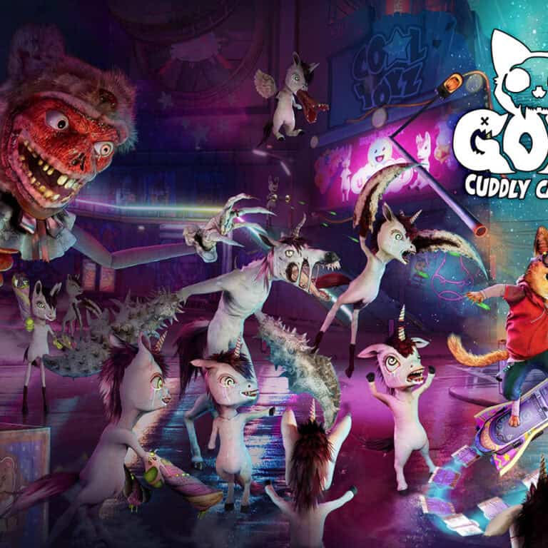 The official artwork for Gori: Cuddly Carnage, showing Gori slaying some of the Adorable Army toys.