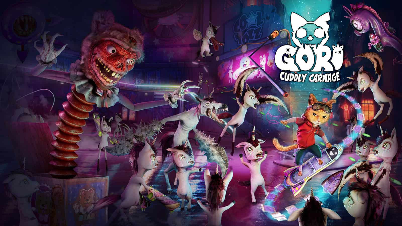 The official artwork for Gori: Cuddly Carnage, showing Gori slaying some of the Adorable Army toys.