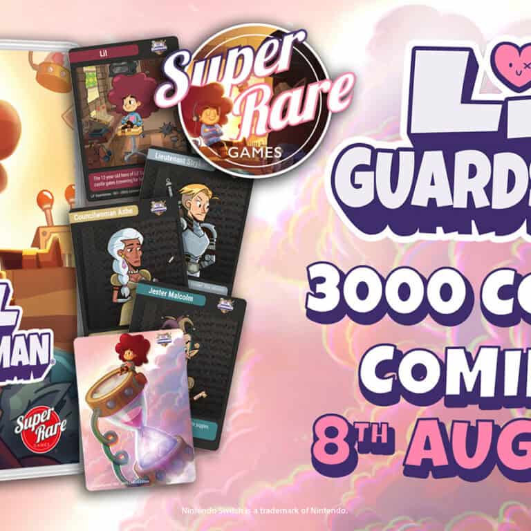 The official artwork for the physical edition of Lil' Guardsman for the Switch, featuring the full game and character cards.