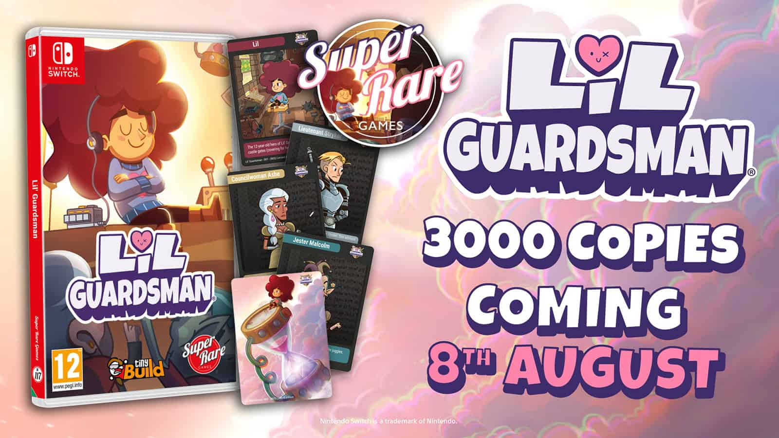 The official artwork for the physical edition of Lil' Guardsman for the Switch, featuring the full game and character cards.