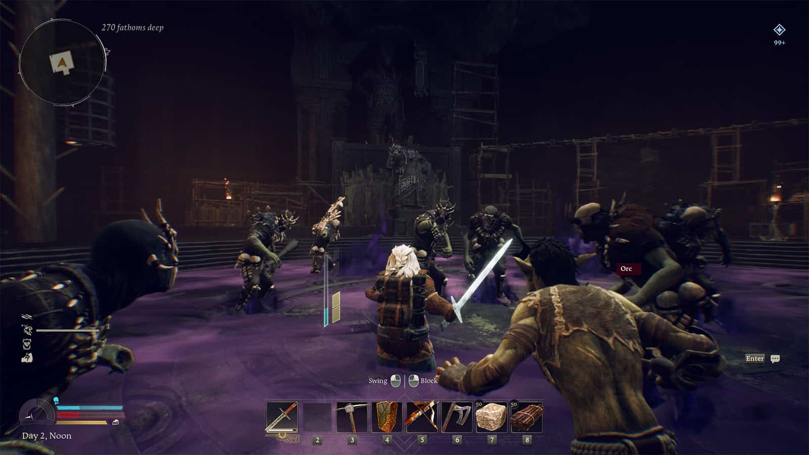 A screenshot of The Lord Of The Rings: Return To Moria showing combat between player characters and monsters.