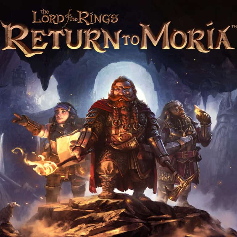 The official art for The Lord Of The Rings: Return To Moria showing the Hobbits in mines.