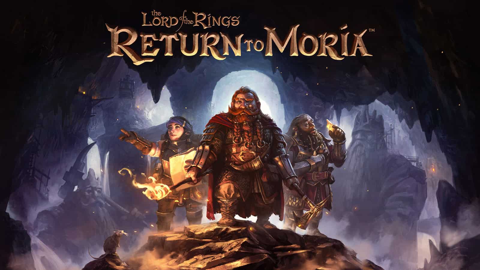 The official art for The Lord Of The Rings: Return To Moria showing the Hobbits in mines.