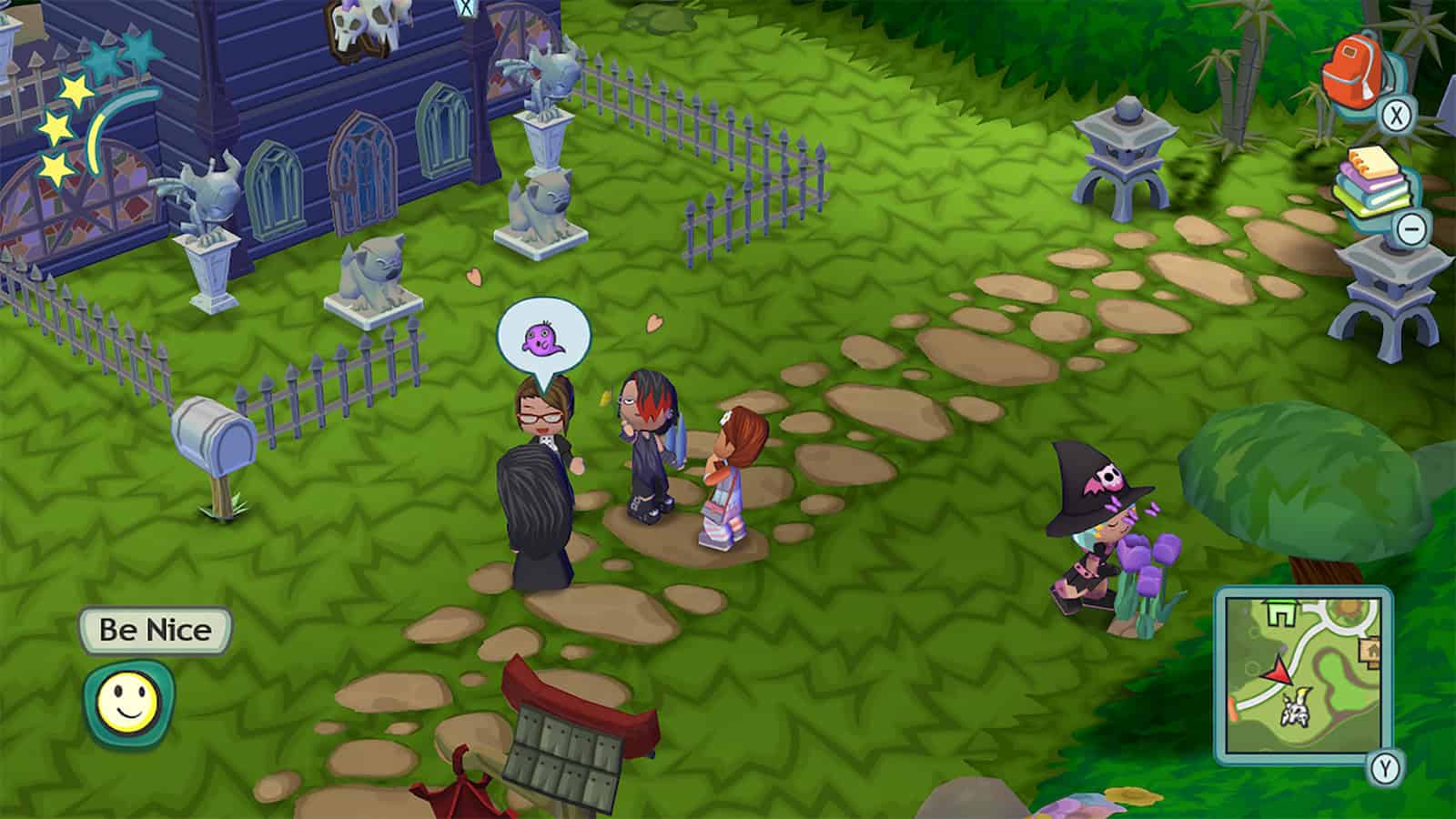 An official screenshot from MySims, showing the player interacting with the town's over Sims