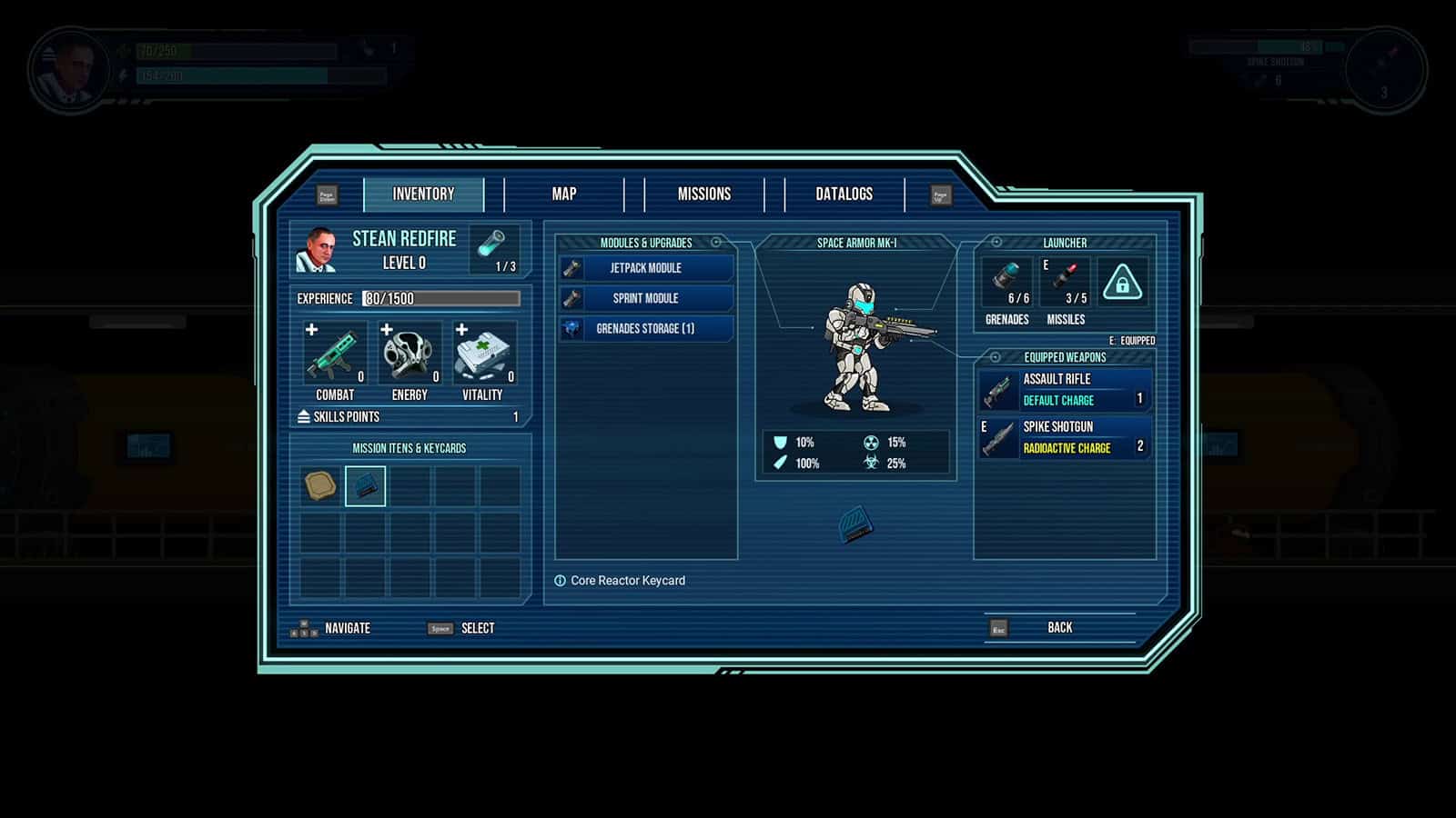 A screenshot of Omega Warp showing the character screen, the three attributes that can be levelled up, and player stats.